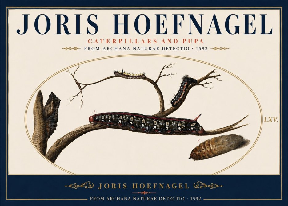 Joris Hoefnagel Caterpillars and Pupa No5 - Juliste