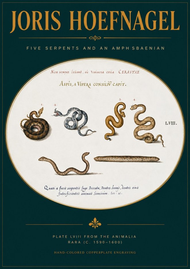 Joris Hoefnagel Five Serpents and an Amphisbaenian No2 - Juliste