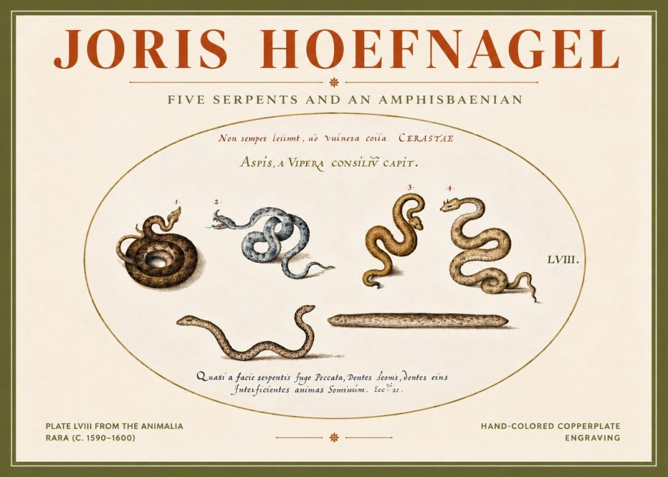 Joris Hoefnagel Five Serpents and an Amphisbaenian No4 - Juliste