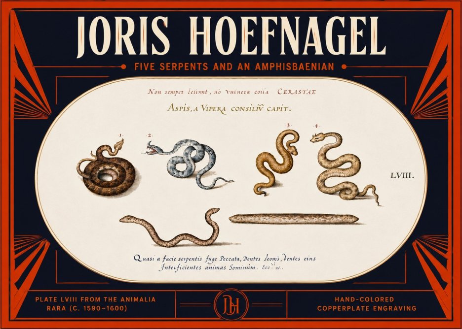 Joris Hoefnagel Five Serpents and an Amphisbaenian No5 - Juliste