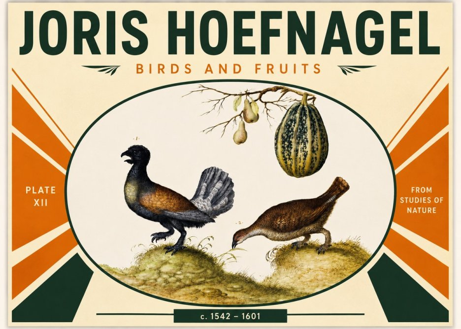 Joris Hoefnagel A Cock and Hen of the Woods with Pears and Gourd No3 - Juliste