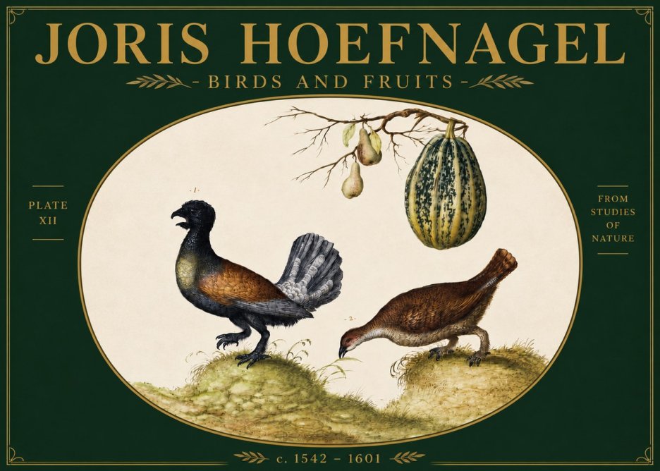 Joris Hoefnagel A Cock and Hen of the Woods with Pears and Gourd No4 - Juliste
