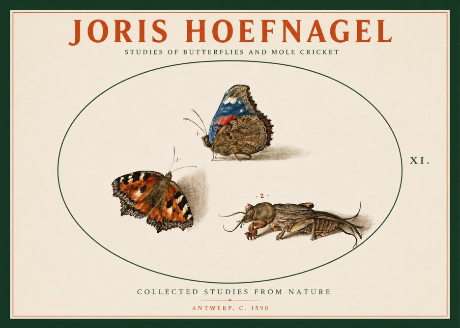 Joris Hoefnagel Studies of Butterflies and Mole Cricket No2 - Juliste