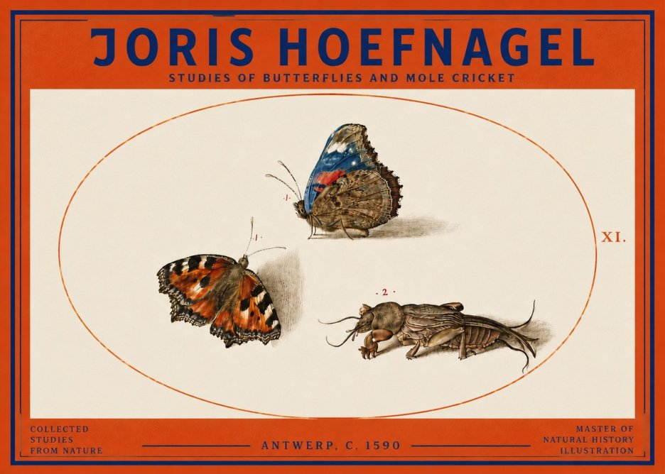 Joris Hoefnagel Studies of Butterflies and Mole Cricket No3 - Juliste