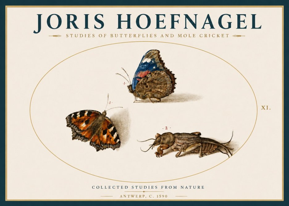Joris Hoefnagel Studies of Butterflies and Mole Cricket No4 - Juliste