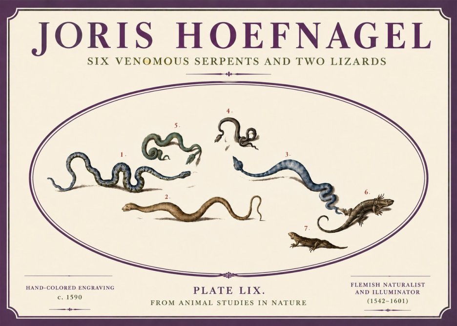 Joris Hoefnagel Six Venomous Serpents and Two Lizards No6 - Juliste