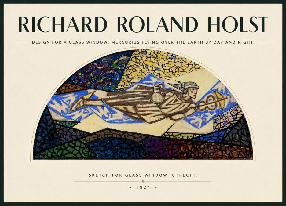 Richard Roland Holst Design for a Glass Window: Mercurius Flying over the Earth by Day and Night No6 - Juliste
