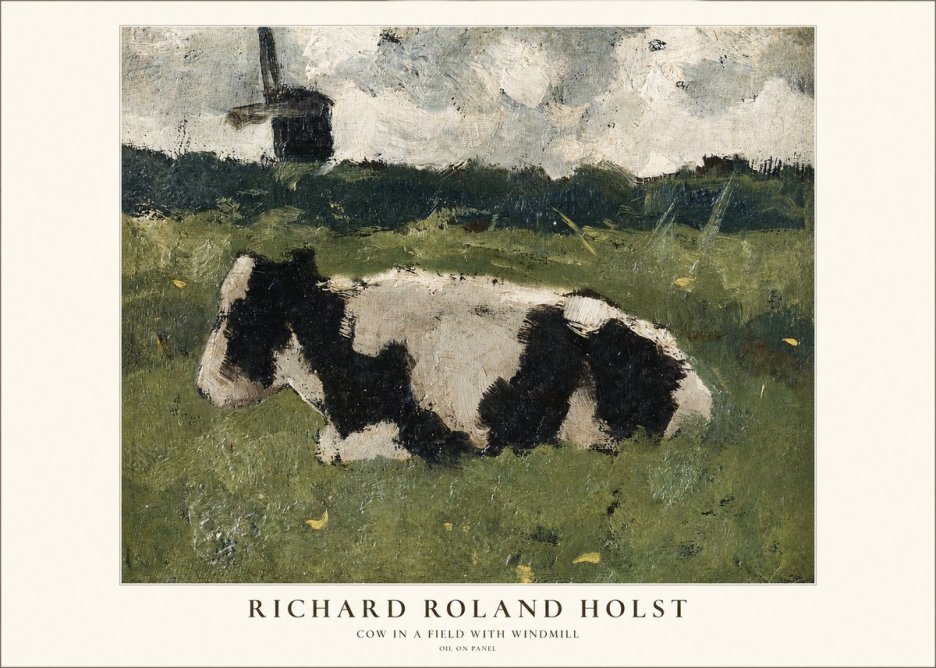 Richard Roland Holst Cow in a Field with Windmill No1 - Juliste
