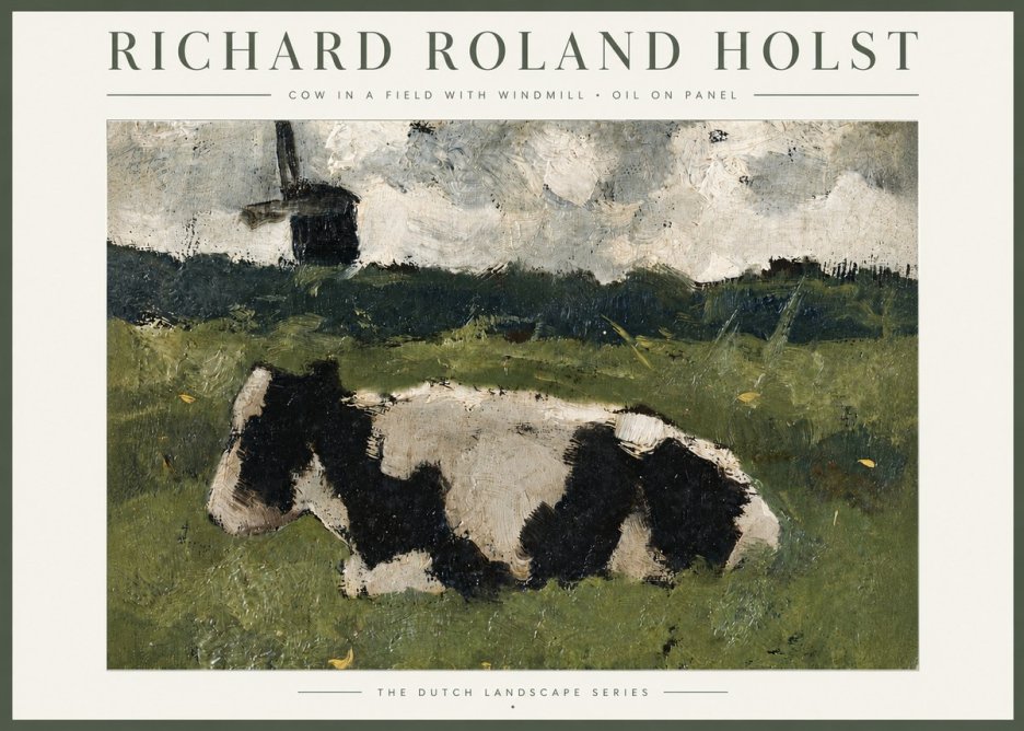 Richard Roland Holst Cow in a Field with Windmill No4 - Juliste