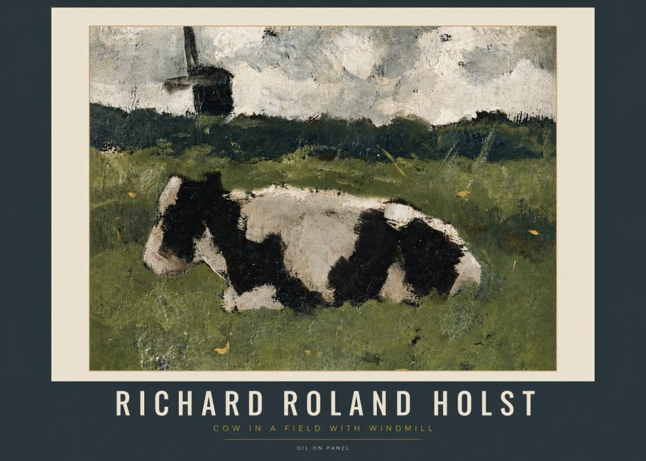 Richard Roland Holst Cow in a Field with Windmill No5 - Juliste