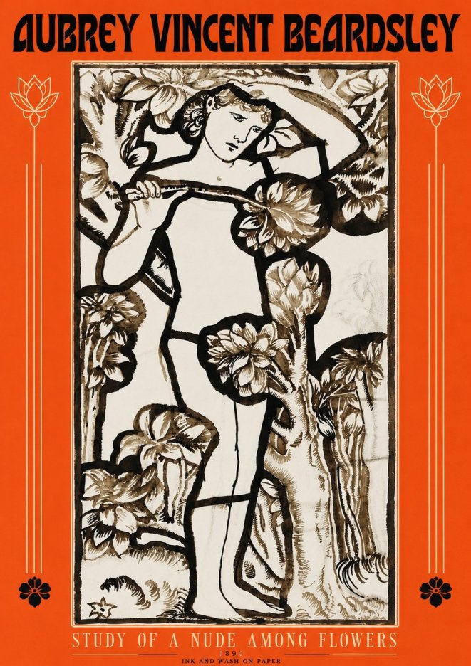 Aubrey Beardsley Study of a Nude Among Flowers No3 - Juliste