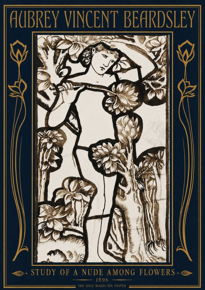 Aubrey Beardsley Study of a Nude Among Flowers No4 - Juliste