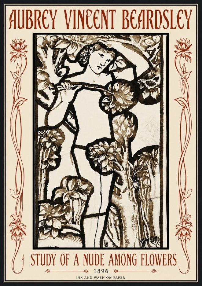 Aubrey Beardsley Study of a Nude Among Flowers No6 - Juliste