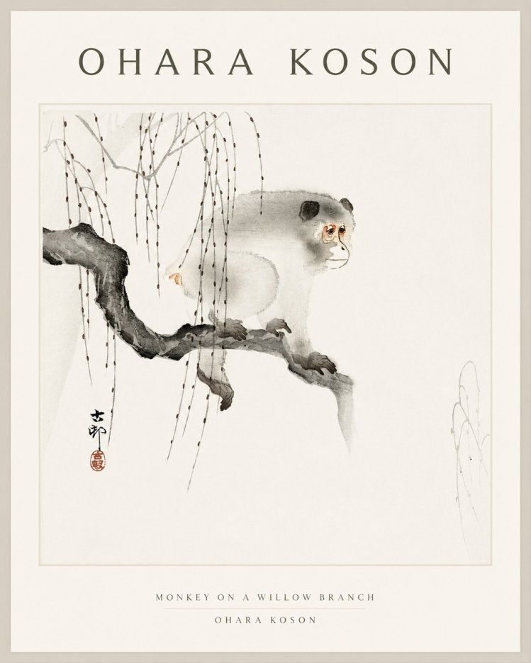 Ohara Koson Monkey on a Willow Branch No1 - Juliste