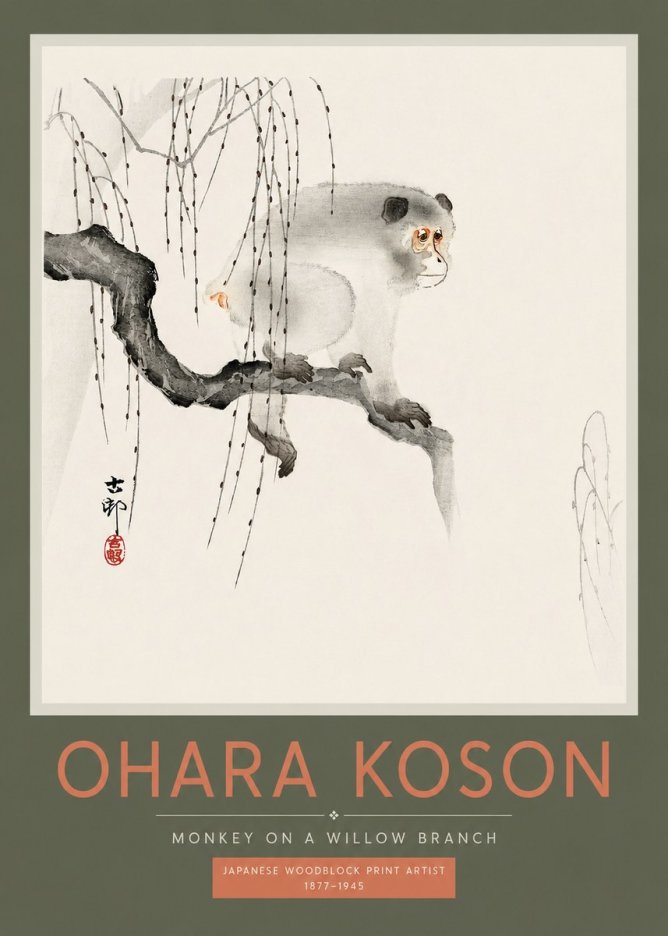 Ohara Koson Monkey on a Willow Branch No2 - Juliste