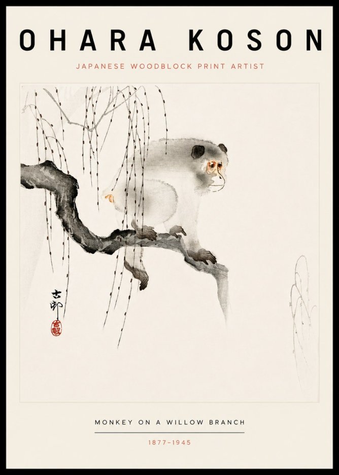 Ohara Koson Monkey on a Willow Branch No3 - Juliste