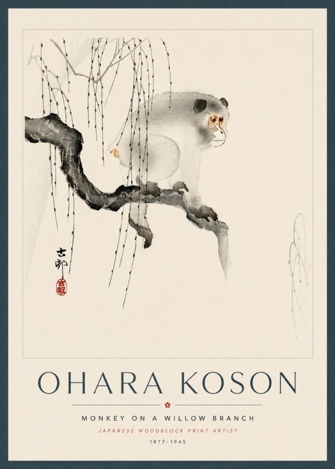 Ohara Koson Monkey on a Willow Branch No5 - Juliste