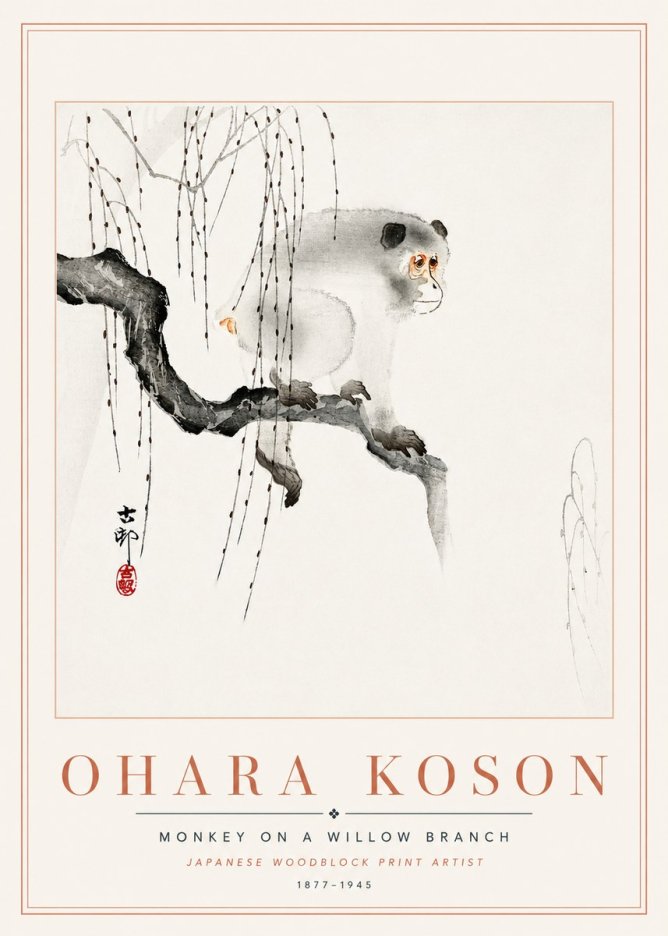 Ohara Koson Monkey on a Willow Branch No6 - Juliste