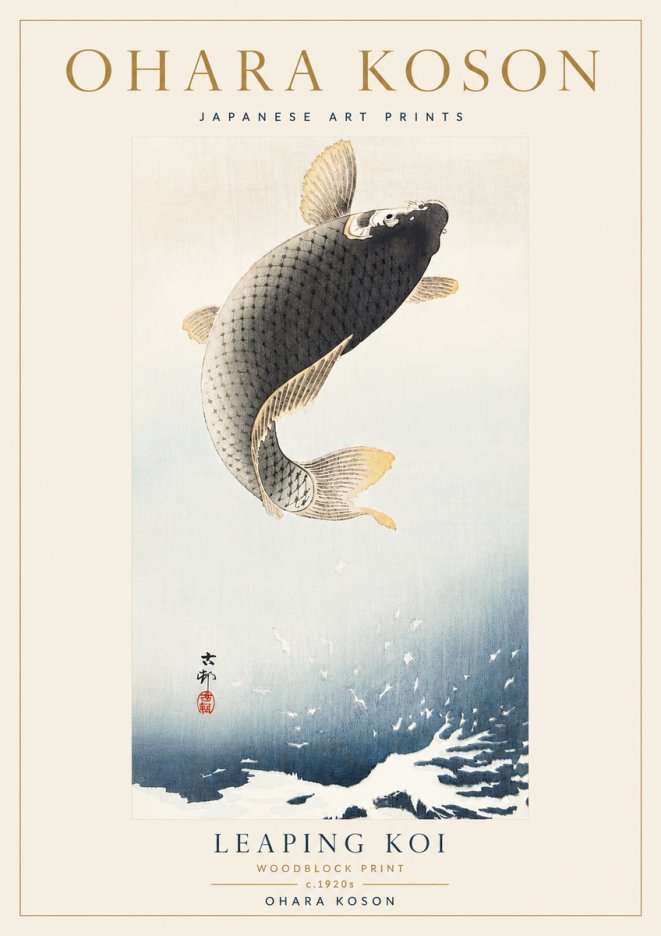 Ohara Koson Leaping Koi I No5 - Juliste