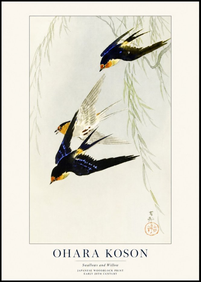 Ohara Koson Swallows and Willow I No1 - Juliste