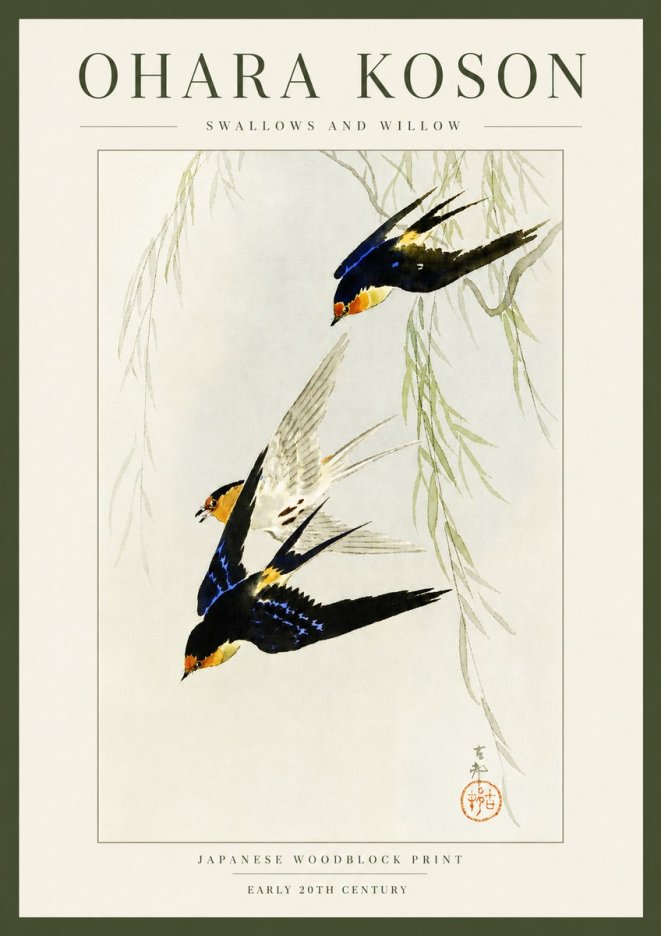 Ohara Koson Swallows and Willow I No3 - Juliste