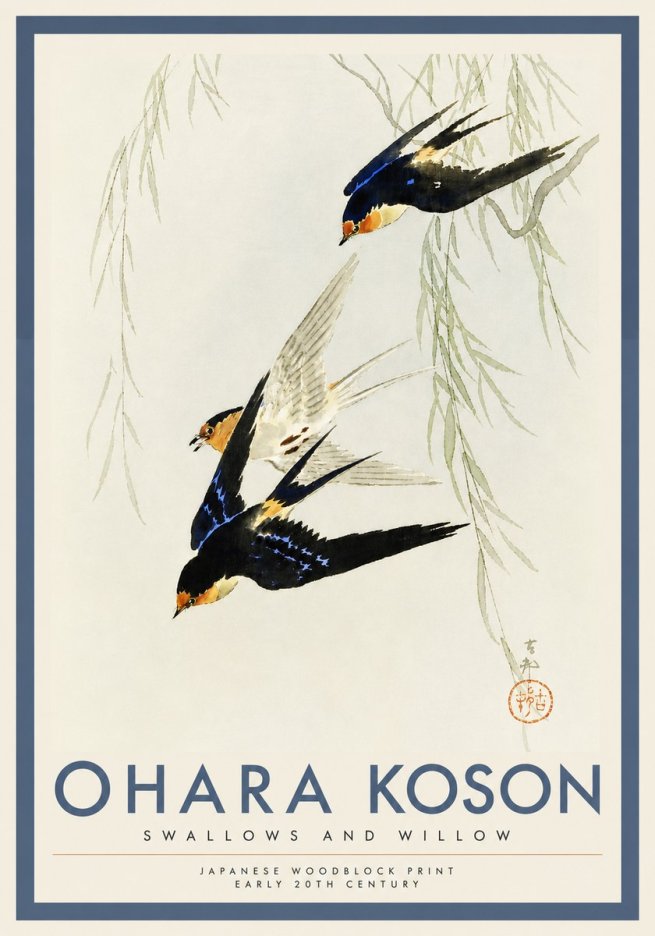 Ohara Koson Swallows and Willow I No4 - Juliste