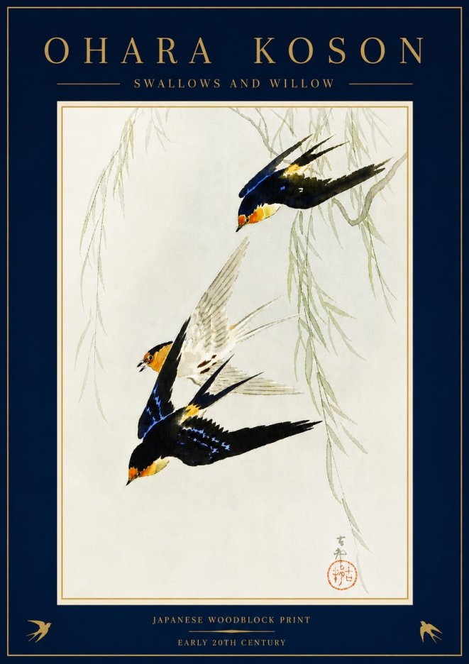 Ohara Koson Swallows and Willow I No5 - Juliste