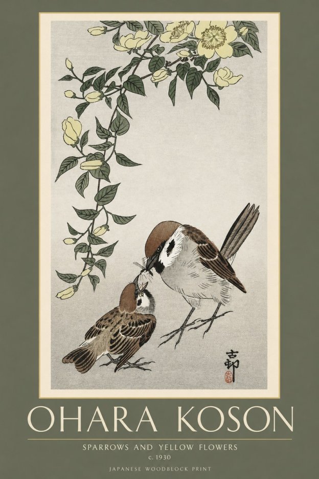 Ohara Koson Sparrows and Yellow Flowers No2 - Juliste