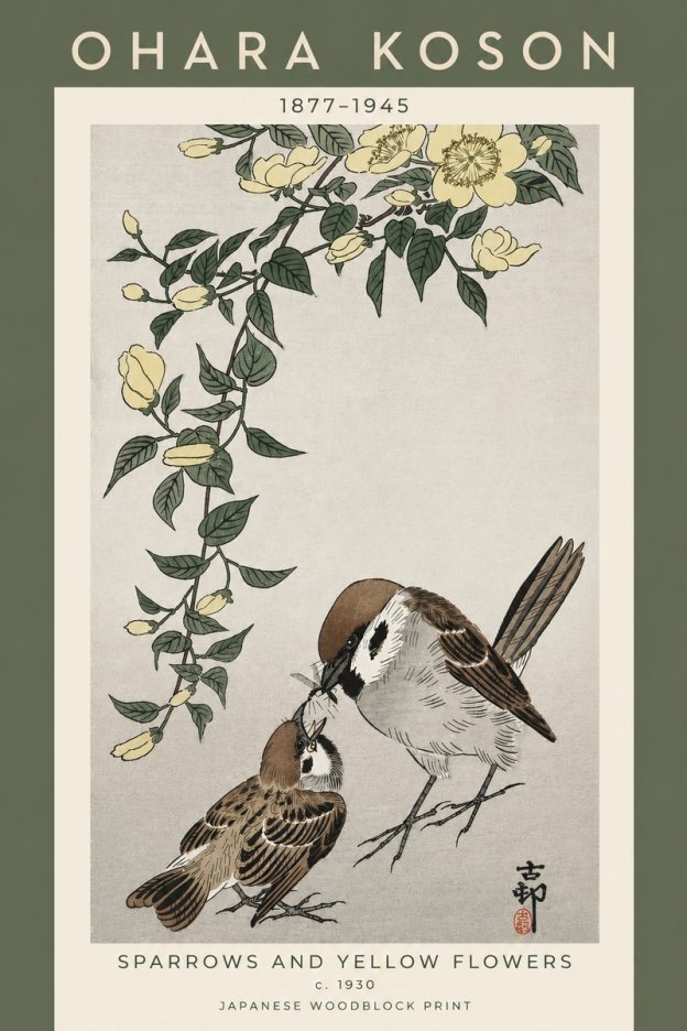 Ohara Koson Sparrows and Yellow Flowers No5 - Juliste