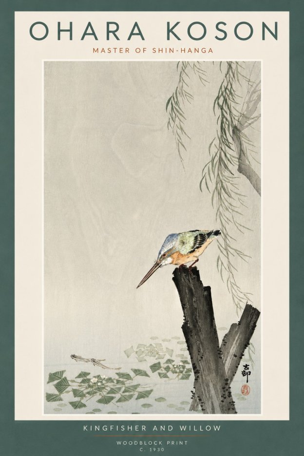 Ohara Koson Kingfisher and Willow No6 - Juliste