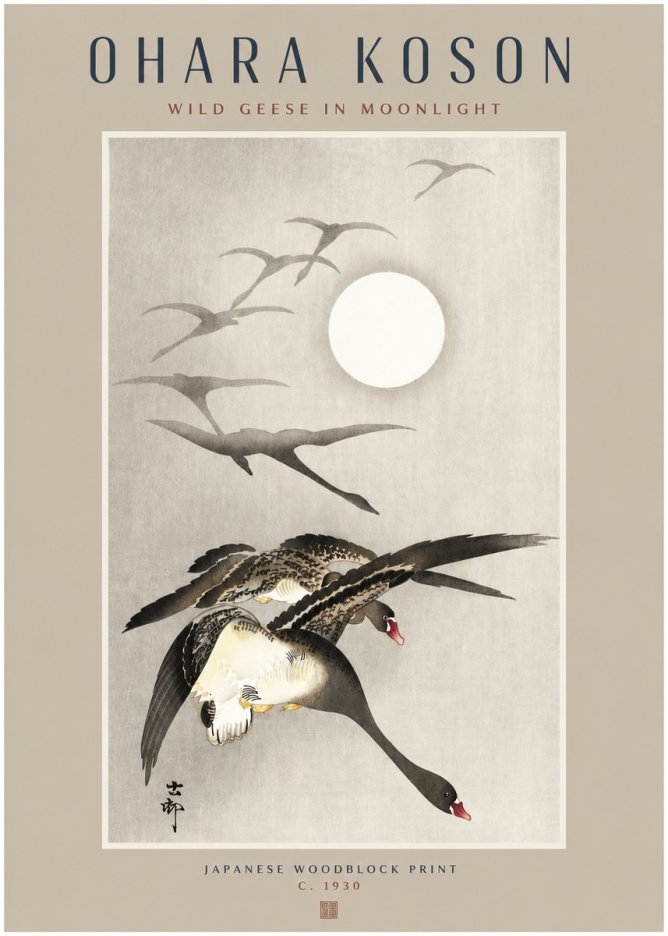 Ohara Koson Wild Geese in Moonlight I No2 - Juliste