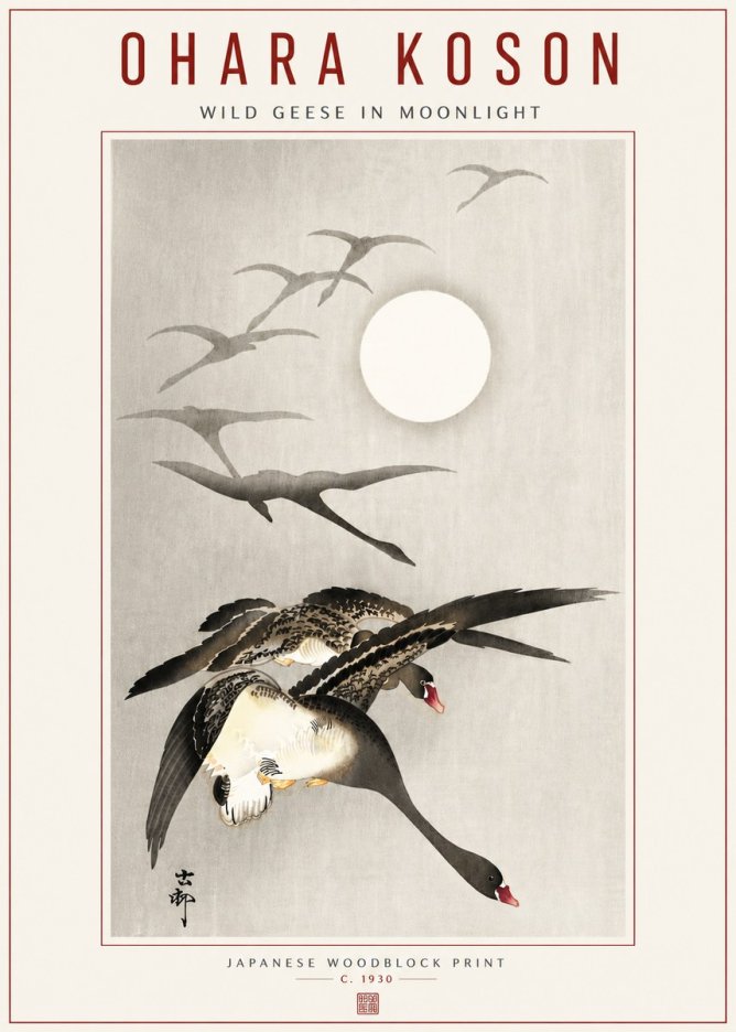 Ohara Koson Wild Geese in Moonlight I No5 - Juliste