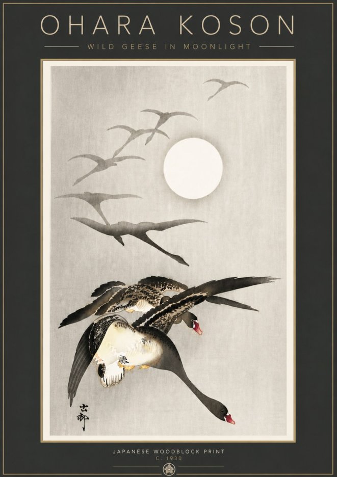 Ohara Koson Wild Geese in Moonlight I No6 - Juliste