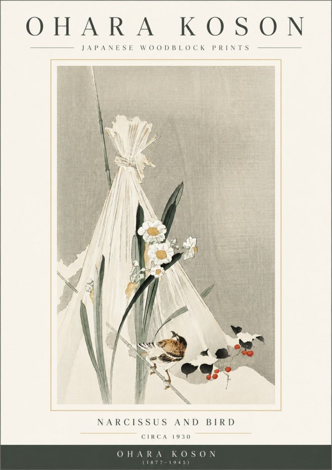 Ohara Koson Narcissus and Bird No3 - Juliste