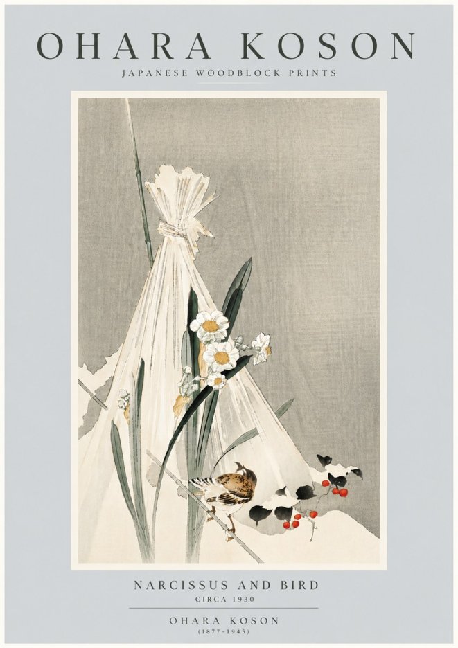 Ohara Koson Narcissus and Bird No6 - Juliste
