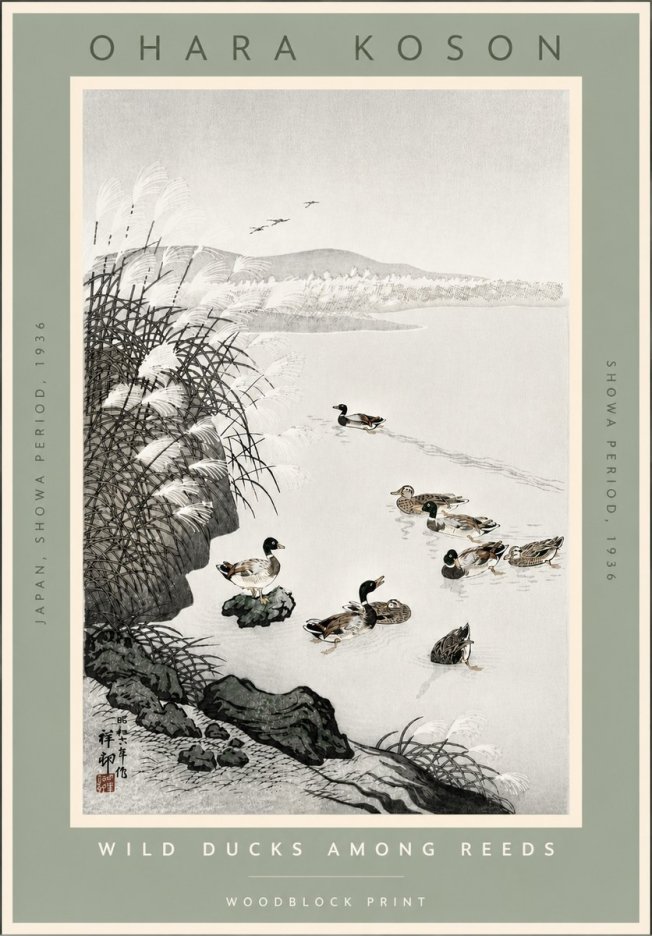 Ohara Koson Wild Ducks Among Reeds No4 - Juliste