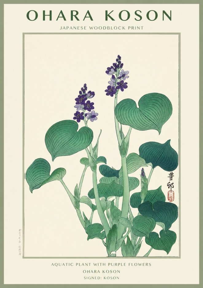 Ohara Koson Aquatic Plant with Purple Flowers No1 - Juliste