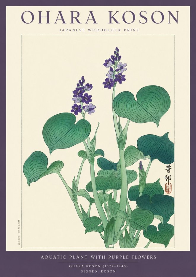 Ohara Koson Aquatic Plant with Purple Flowers No2 - Juliste