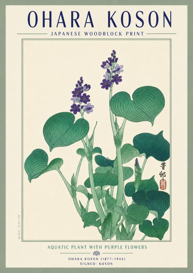 Ohara Koson Aquatic Plant with Purple Flowers No3 - Juliste