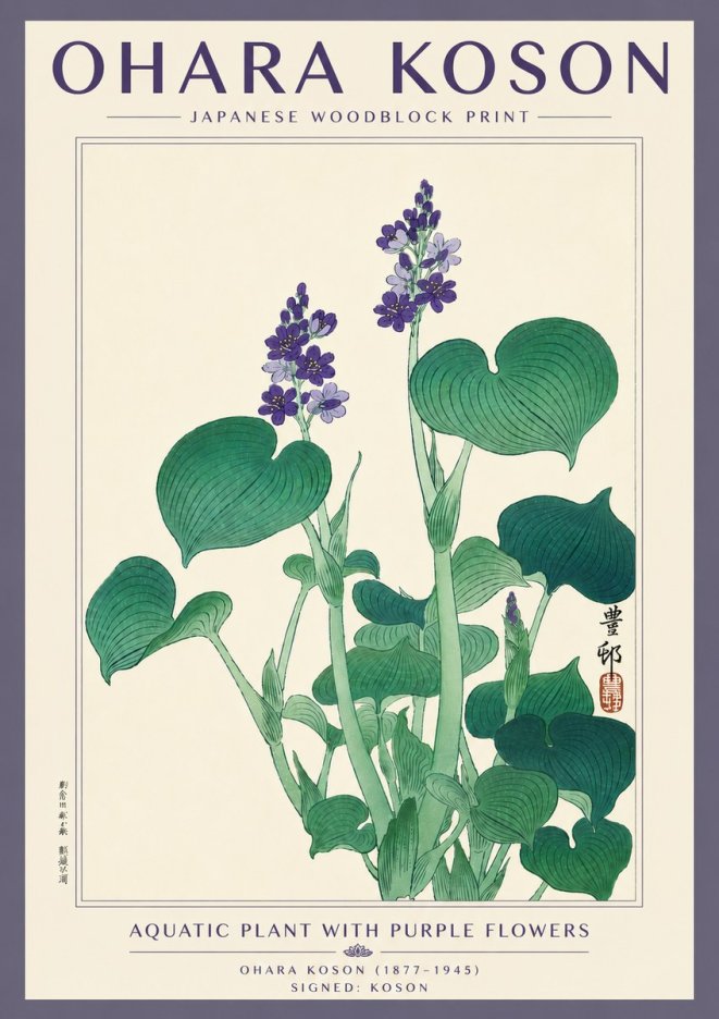 Ohara Koson Aquatic Plant with Purple Flowers No5 - Juliste