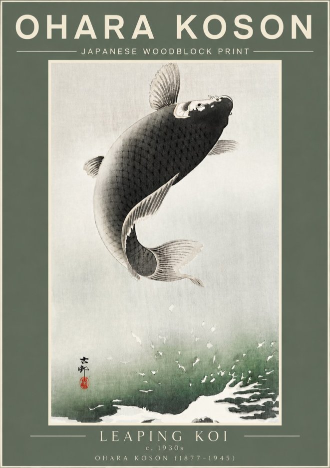 Ohara Koson Leaping Koi II No2 - Juliste