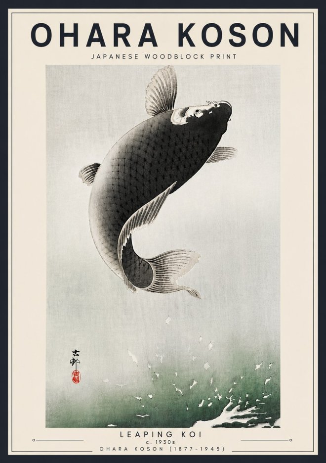 Ohara Koson Leaping Koi II No6 - Juliste