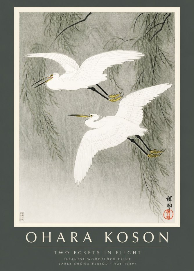 Ohara Koson Two Egrets in Flight No2 - Juliste