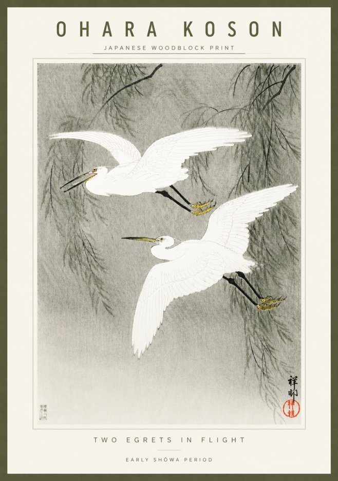 Ohara Koson Two Egrets in Flight No3 - Juliste