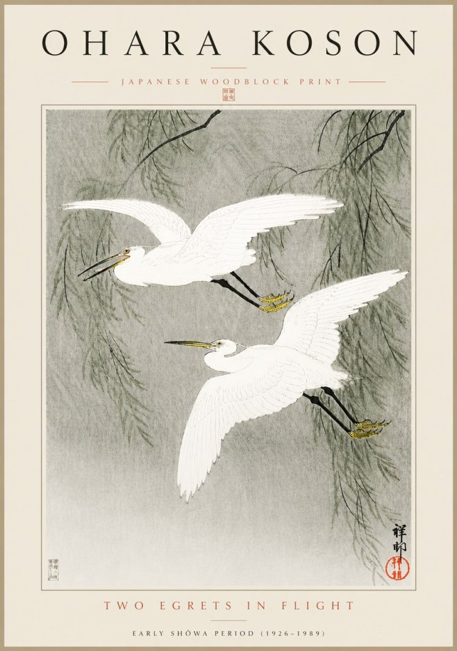 Ohara Koson Two Egrets in Flight No5 - Juliste