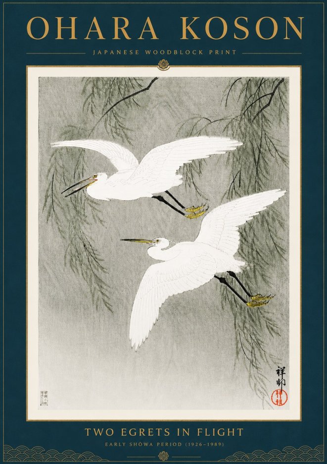 Ohara Koson Two Egrets in Flight No6 - Juliste