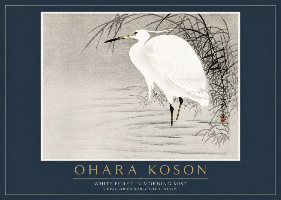 Ohara Koson White Egret in Morning Mist No6 - Juliste