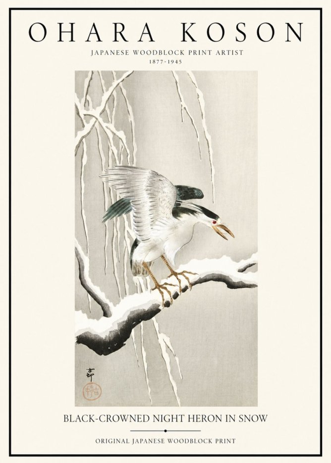 Ohara Koson Black-crowned Night Heron in Snow No1 - Juliste