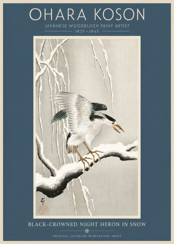 Ohara Koson Black-crowned Night Heron in Snow No2 - Juliste