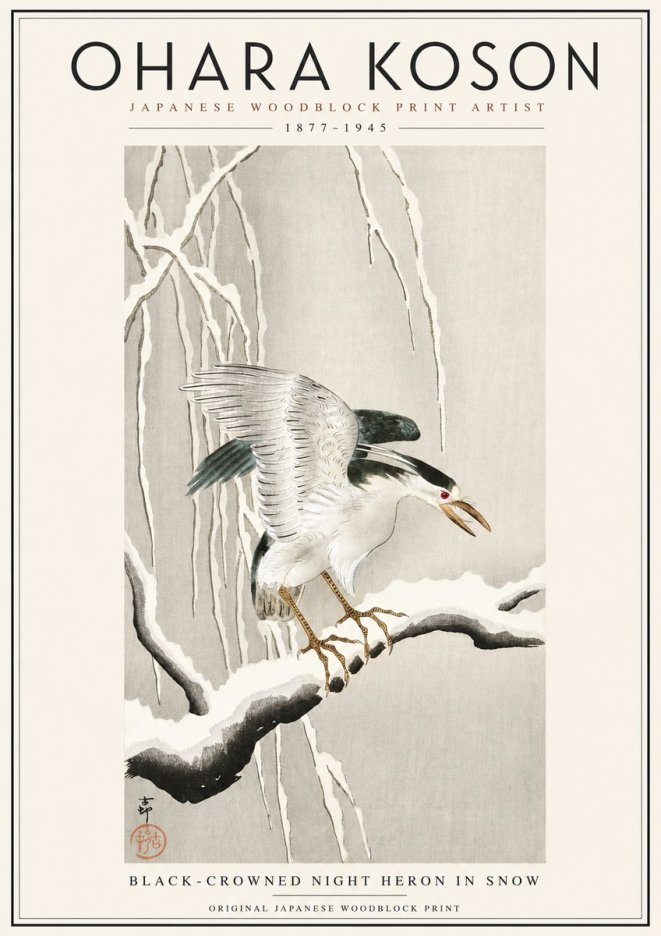 Ohara Koson Black-crowned Night Heron in Snow No3 - Juliste